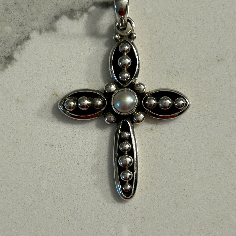 Silpada pearl cross pendant (S0971) 1 1/2”. SS 925 with popcorn type accents.